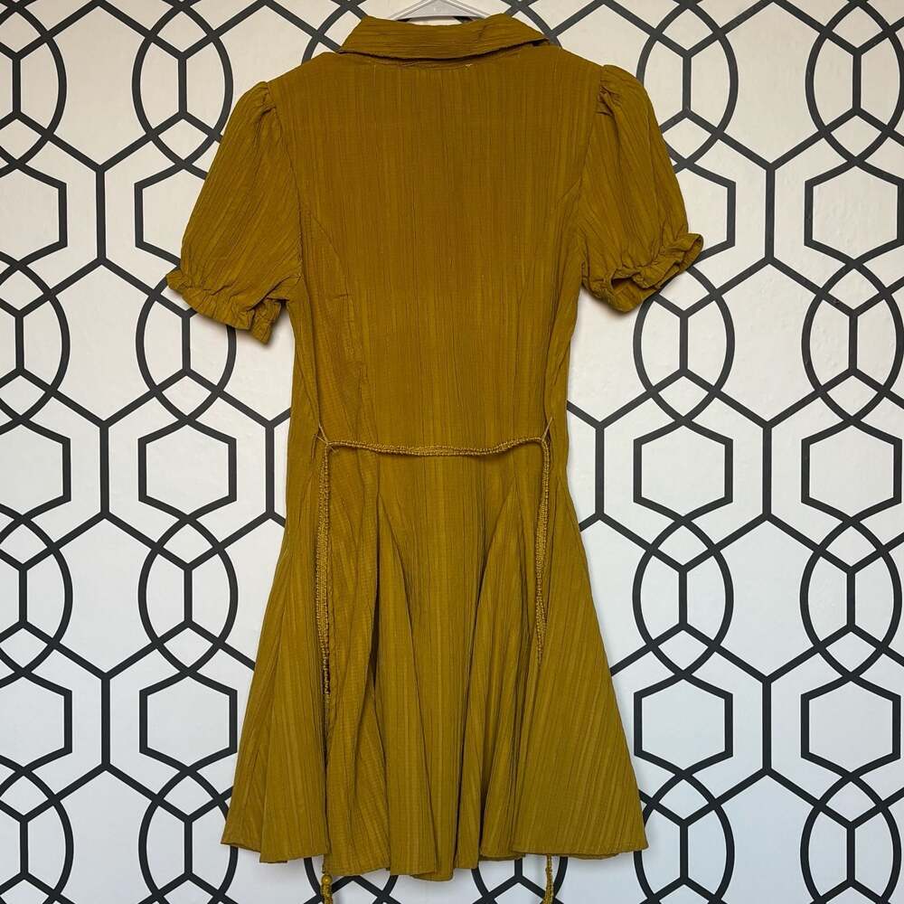 Hint of Blush Mustard Yellow Seersucker Button-Down Fit Flare Mini Dress Small - Picture 5 of 7